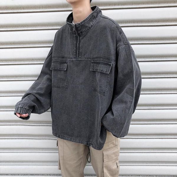 

autumn hooded denim jacket men's fashion washed retro denim jacket men streetwear wild loose hip hop bomber mens m-2xl1, Black;brown