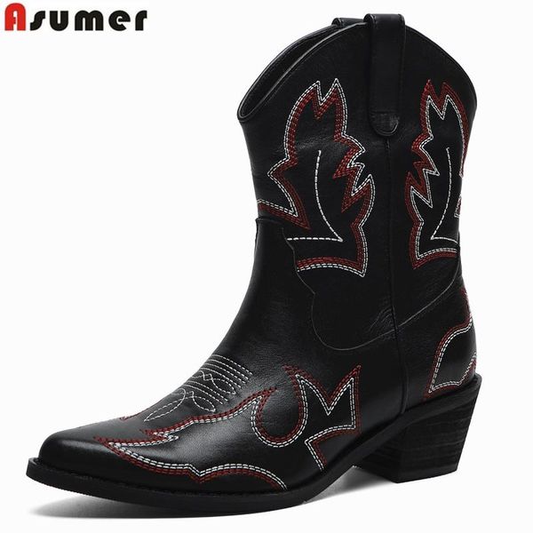 

boots asumer 2021 genuine leather women embroidery european western pointed toe cowboy ladies ankle women's shoe, Black