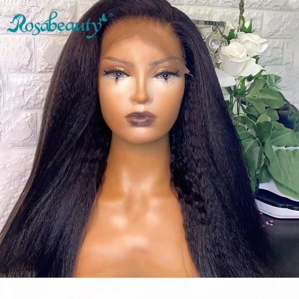 

rosabeauty kinky straight gluess human hair wigs pre plucked remy yaki 28 30 40 inch 13x4 lace frontal wig for black women, Black;brown