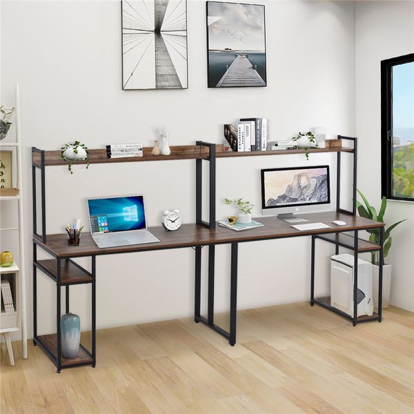 

us stock home office double workstation desk two person computer desk with storage, spacious tablemultifunction writing desk with shelf