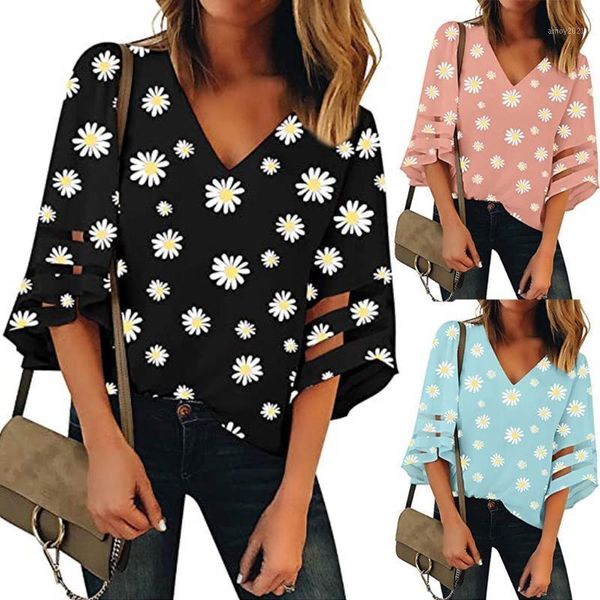 

women's t-shirt fashion small daisy print t shirt women v neck 3/4 bell sleeve mesh panel summer casual tshirt shirts 20211, White