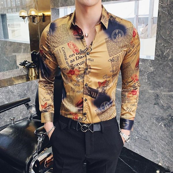 

new yellow mens shirts luxury newspaper allover printing long sleeve man shirts hight quality slim fit nightclub male1, White;black