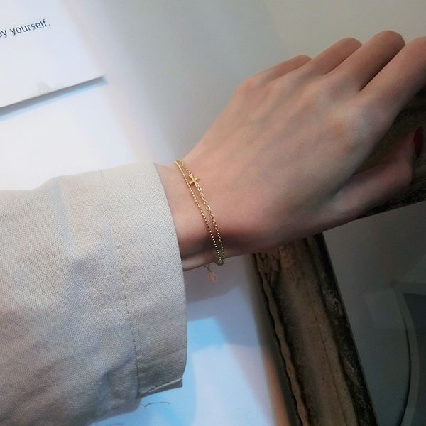 

7kzxg muqi s925 sterling girl double muqi braceletlovely silver bracelet inlaid with lightjewelry cross s925 sterling silver double cross br, Golden;silver