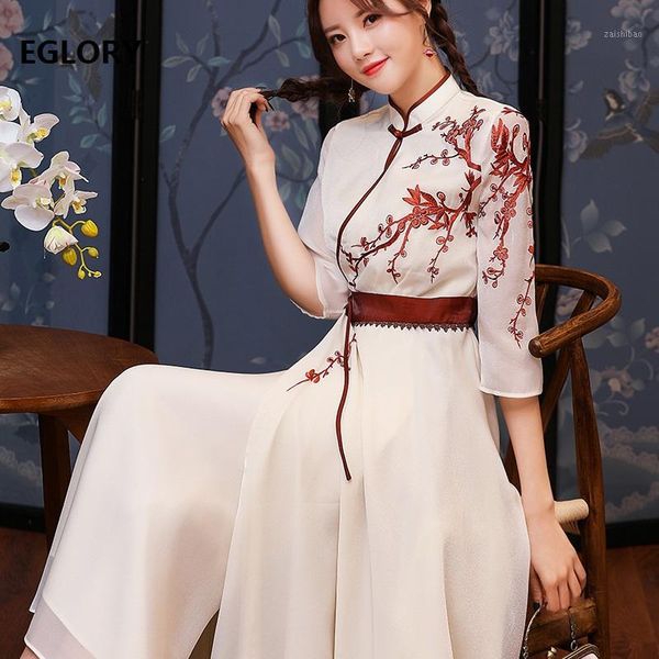 

brand chinese dress 2020 summer women luxurious embroidery 3/4 sleeve mid-calf green apricot dress vintage xxl size1, Black;gray