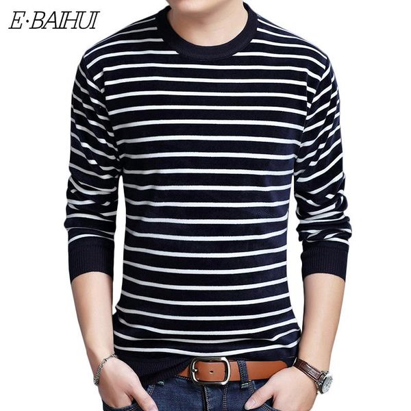 

e-baihui 2020 winter new sweater casual men's slim plus velvet thick striped knitted bottoming shirt, White;black