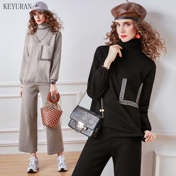 

womens tracksuit set autumn winter pocket loose turtleneck sweater + casual wide leg pants knitted two piece sets suit women's, Gray
