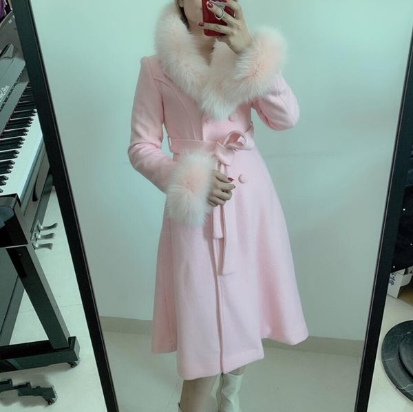

autumn and winter new pink large fox fur collar thin female mid of long wool coat q578 imem, Black