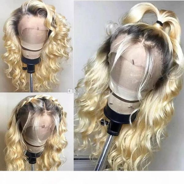

полный шнурок блондинка парик ombre цвет 1b 613 two tone body wave front парики шнурка dark root с ребенком волосами для белой женщины, Black;brown