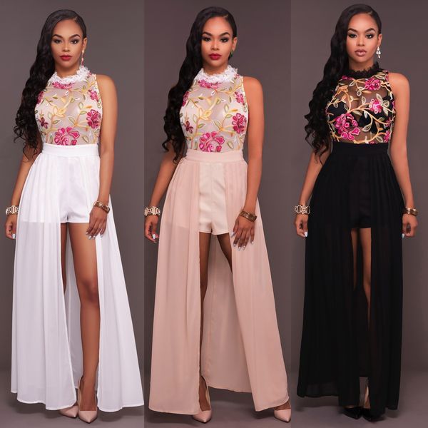 

new arrival women elegant jumpsuits lace floral embroidery chiffon retro party tracksuits sleeveless short playsuits t200704, Black;white