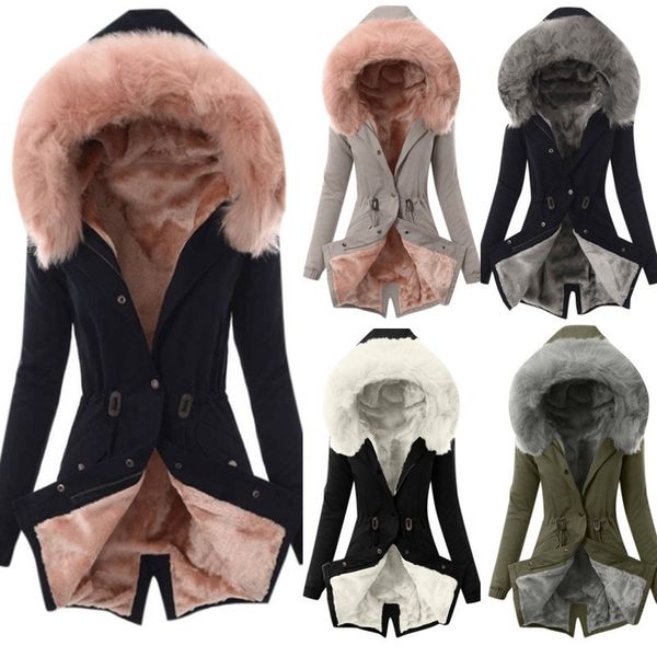 

parkas ladies fur lining coat womens warm thick long hooded overcoat winter jacket women, Black