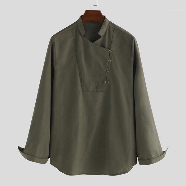 

mens retro shirts man stand collar solid color streetwear shirt men muslim long sleeve casual s-5xl1, White;black