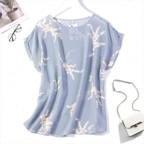 

womens 100% pure silk short sleeve shirt blouse blue floral plus size  3xl jn017 drop shipping, White