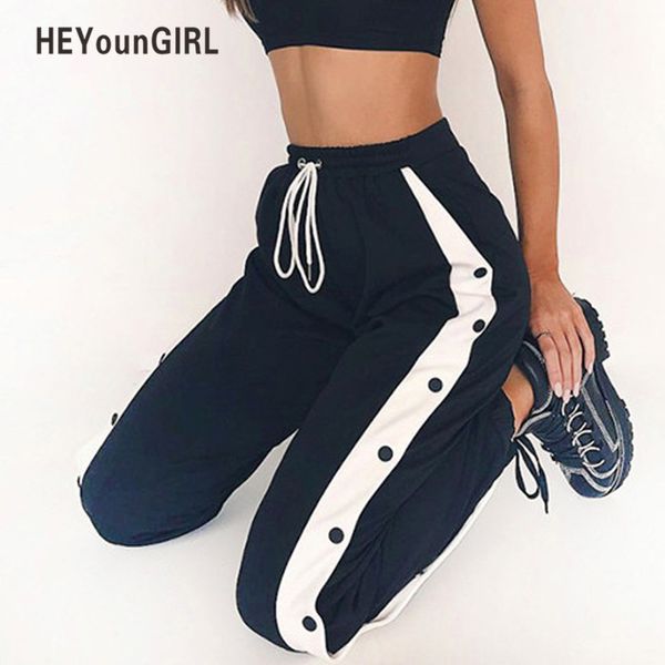 

heyoungirl black high waist sweatpants women casual fashion trousers buttons pockets harem pants drawstring pantalon femme pants y19070301, Black;white