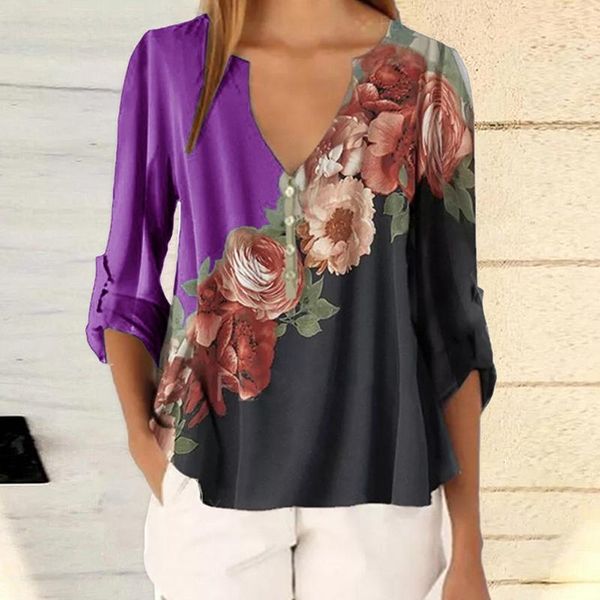 

5xl floral print women blouse shirt new style autumn v neck button long sleeve elegant office work shirts blusas feminina, White