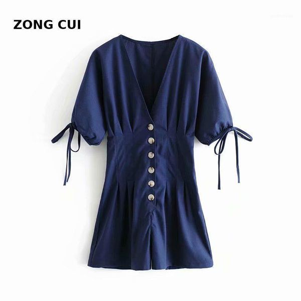 

summer new v-neck button loose cotton and one-piece pants treasure blue lantern sleeve pleated one-piece shorts avant-garde1, Black;white