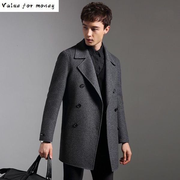 

double 2020 breasted 100% wool coat men double-sided man jacket spring mens coats overcoat manteau homme kj1574, Black