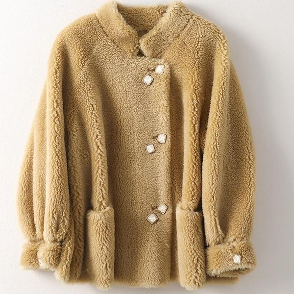 

autumn winter 2021 fashion grain cashmere coat women's all wool fur jacket width simple solid office lady thick warm outwear, Black