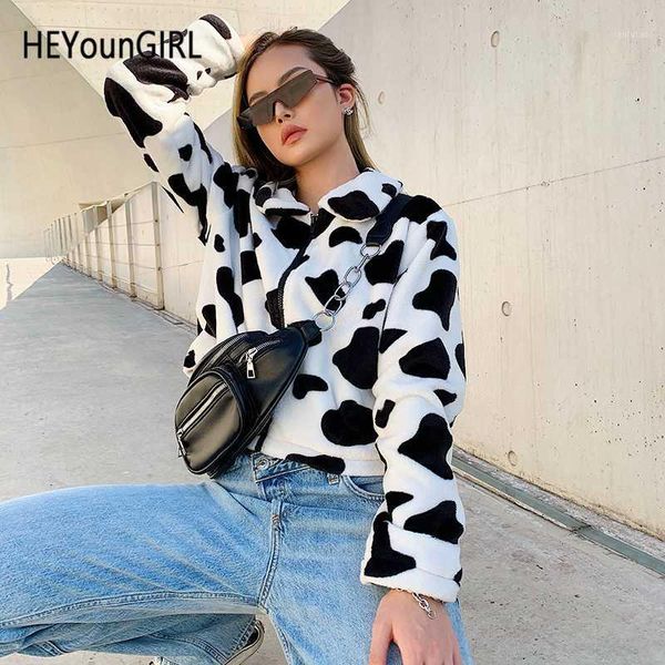 

heyoungirl cow print faux fur coat women animal printed casual furry crop teddy jacket zipper harajuku korean overcoat autumn1, Black