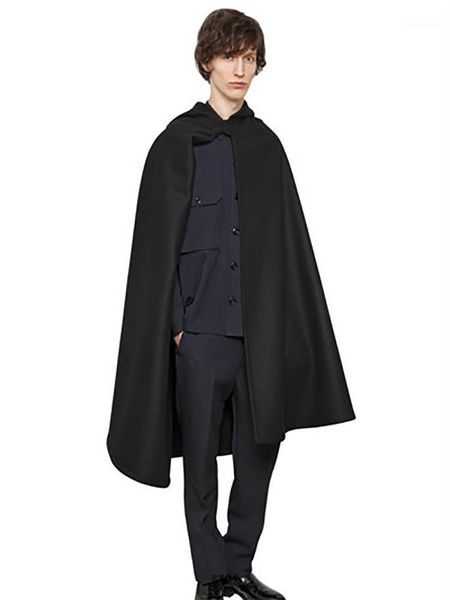 

yamamoto men's woolen coat cloak windbreaker loose hood1, Black