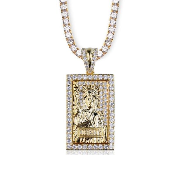 

hip hop rectangle pendant necklace micro pave cubic zirconia statue of liberty gold silver color plated pendants necklaces bling