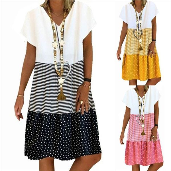 

плюс размер 2020 женщин способа платье с коротким рукавом платье печати лоскутное колен платье дамы лето повседневный, Black;gray