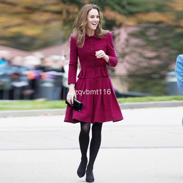 

two piece dress princess kate's same 19 winter women's purple red long sleeved jacket + high waist pleated skirt set, White