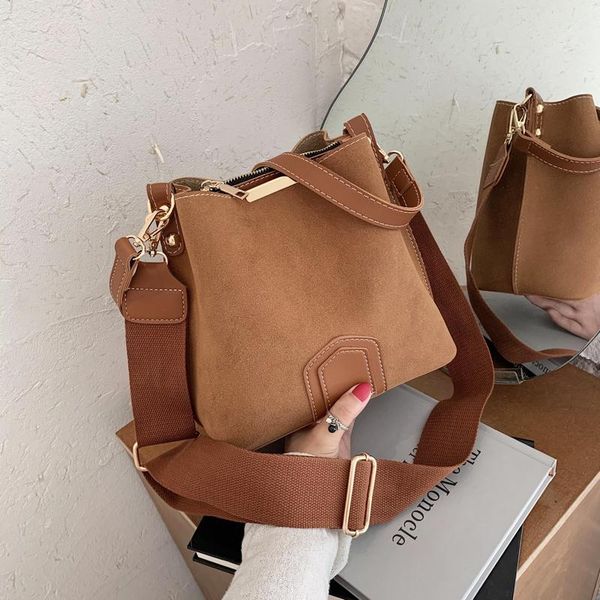 

nubuck leather bucket bag women fashion wide strap crossbody bag designer women's handbags travel shoulder messenger bags 6448