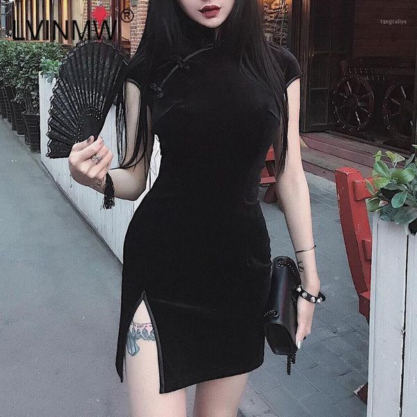 

lvinmw fashion chinese style velvet cheongsam dress 2020 summer women short sleeve split mini dresses elegant female party qipao1, White;black