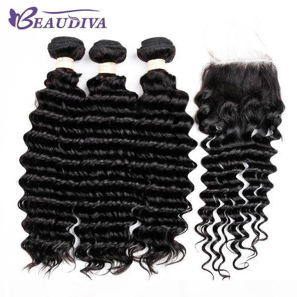 

beau diva 8a deep wave 3 bundles with closure unprocessed brazilian virgin hair remy human hair bundles with 4x4 lace closure, Black;brown