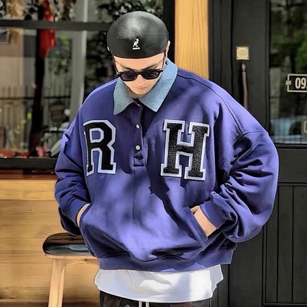 

rhude embroidered denim collar patchwork sweater american street trend loose polo pullover casual men, Black