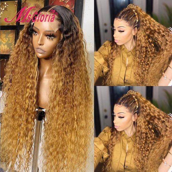 

ombre honey blonde colored curly human hair wigs pre plucked bralizian remy 13x4 lace front human hair wigs for women 180%, Black;brown