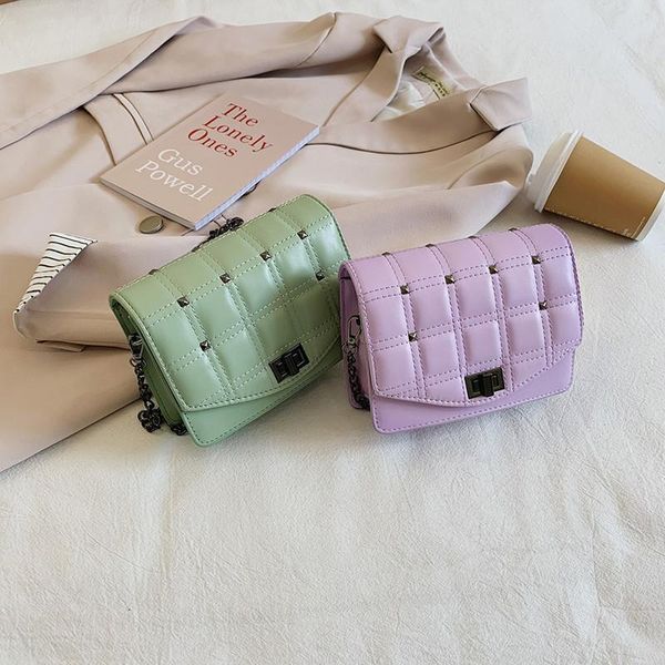 

2021 new purple ladies flip bag faux leather check rivet small square shoulder bag fashion chain mini crossbody female