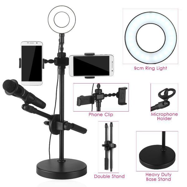 

flash heads 9cm selfie ring light with phone holder microphone stand usb 3 modes 9 brightness level for tik tok video live stream1