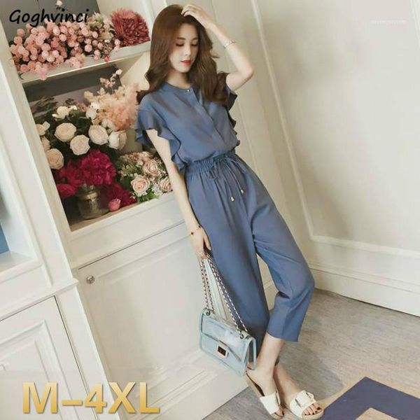 

women's tracksuits women sets simple ruffles blouses elastic-waist straight loose calf-length trousers elegant office ladies trendy kor, Gray