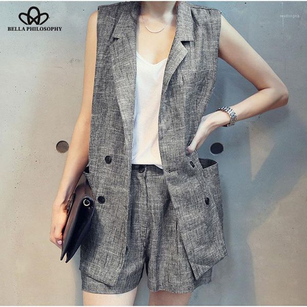 

bella philosophy elegant slim women cotton linen blazer vest sleeveless office lady waistcoat two piece set and shorts1, Black;white