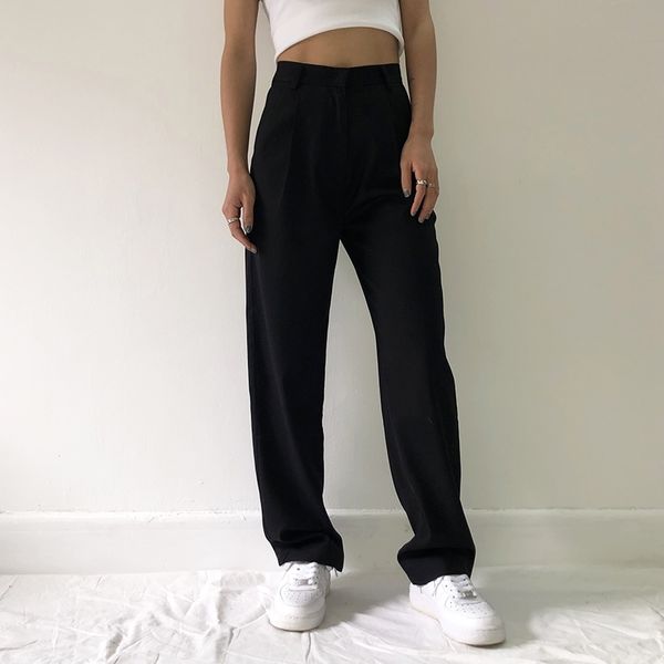 

new womens fashion high waist casual pants women office lady pants full length wide leg loose black elegant suit trousers 201111, Black;white