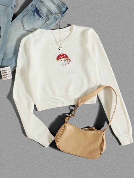

mushroom embroidery round neck sweater m3td#, White
