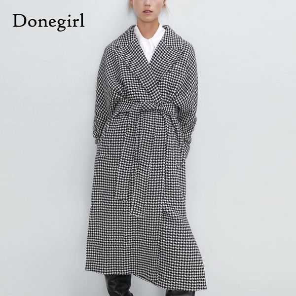 

new winter tie belt waist wool coats women fashion houndstooth jackets women elegant pockets buttons coats 2020 female1, Black