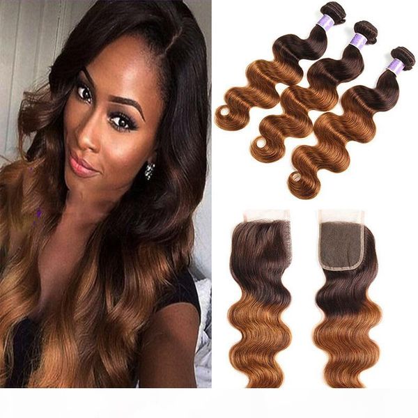 

brazilian blonde virgin hair 3 bundles with lace closure colored 4 30# ombre body wave human hair weaves extensions with lace closure, Black;brown