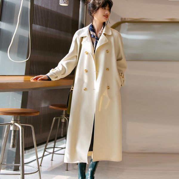 

women's wool & blends white coat women winter long overcoat double breasted ladies coats oversized designer belt luxury woolen casaco, Black