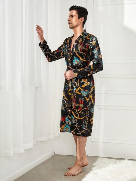 

men random tassel & chain print belted satin sleep robe w5px#, Black;brown
