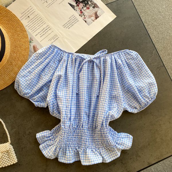 

2021 new "singiny retro chess female blouse slash neck puff sleeves frilly summer off the shoulder short " 6gd6, White