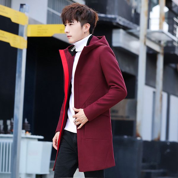 

winter long korean youth wool coat men's casual windbreaker, Tan;black