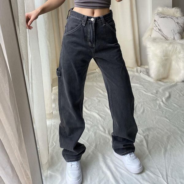 

woman pants autumn winter large size loose high waist straight casual wide-leg jeans solid color simple ladies pants 20201, Black;white