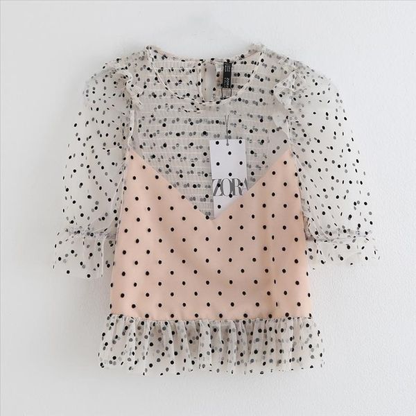 

womens clothing summer 2021 new casual collar seven sleeve laminated decorative wave dot mesh shirt drop shipping, White