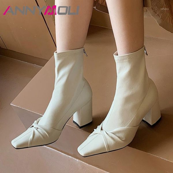 

boots annymoli women ankle shoes pleated high heel stretch short square toe chunky heels zip lady autumn beige black1, Black