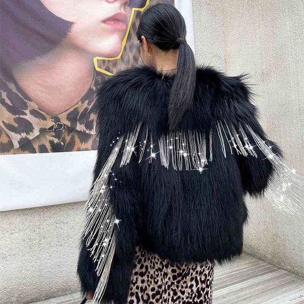 

women's fur & faux fashion braided artificial coat women winter sequined tassel overcoat artificial jacket jrj2, Black