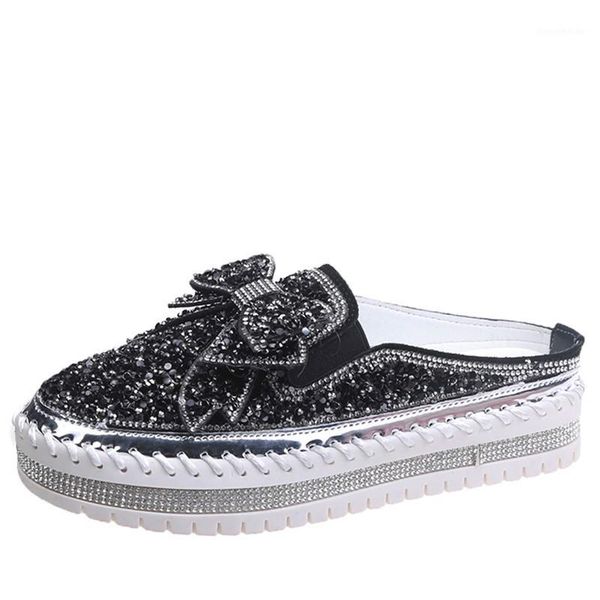 

slippers 2021 summer luxury bling bow women sequined outside fashion platform mules silver shoes for plus size 421, Black