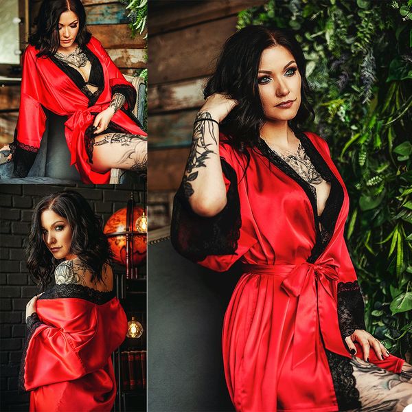 Sexy Women Lady Lingerie Satin Silk Lace Patchwork Gown Accappatoi Camicia da notte lunga Kimono da sposa rosso Robe con cintura