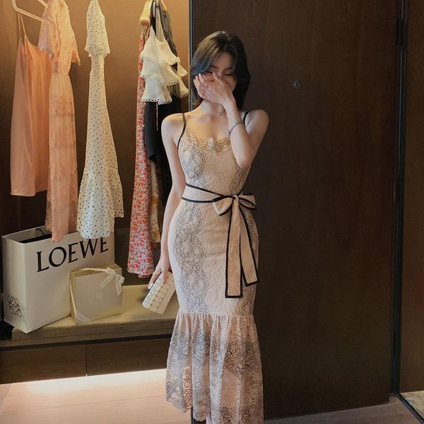 

new arrival korean style fashion dress women elegant summer spaghetti strap elegant lace temperament simple mermaid dress, Black;gray